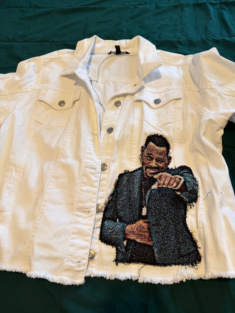 Baccini White Denim Shirt Jacket With Embroidered Figure